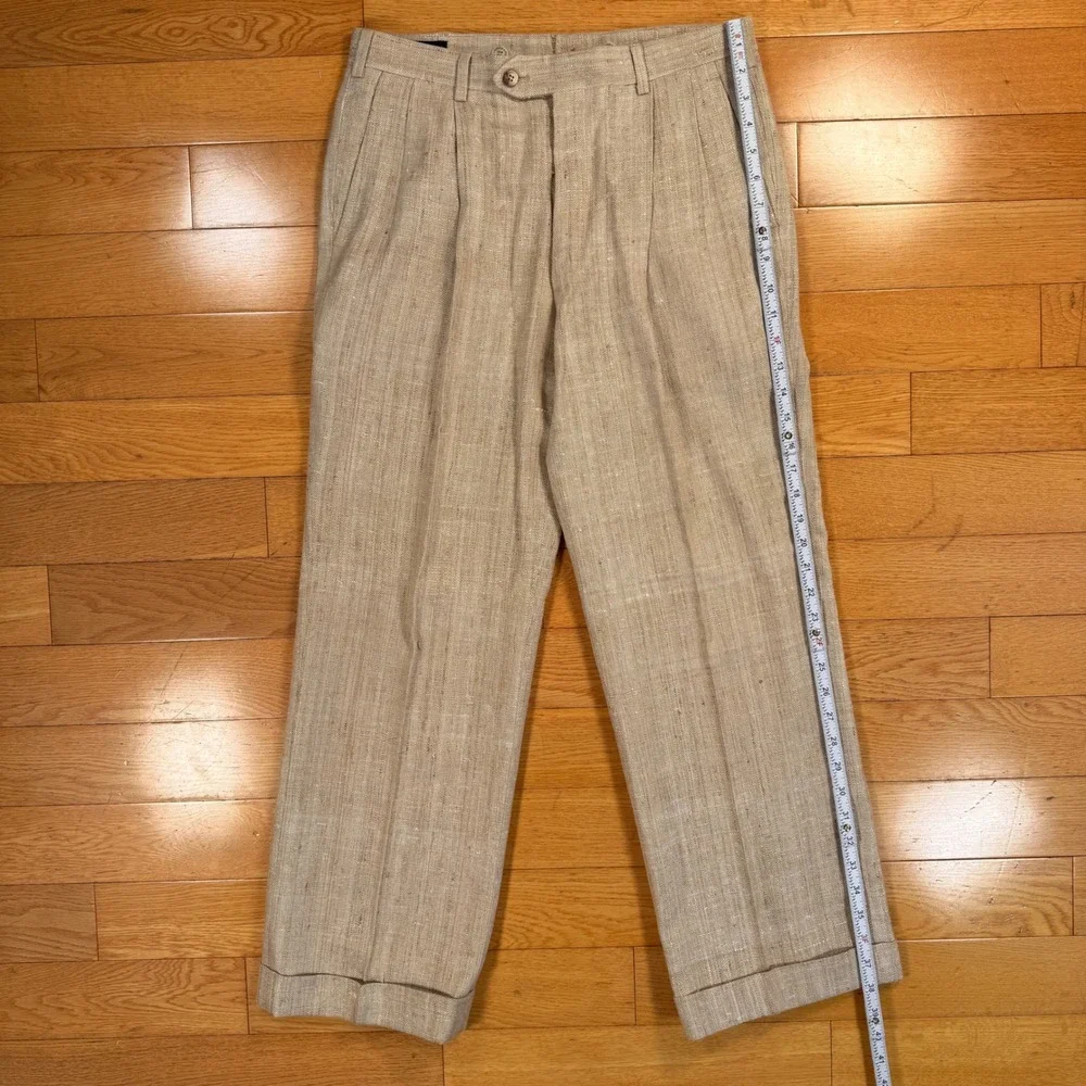 VTG‎ Polo Ralph Lauren Mens Beige Textured Linen Pleated Cuffed Trousers 30x28